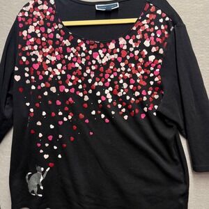 Karen Scott Heart Cat Top Women 2X Black 3/4 Sleeve Graphic
